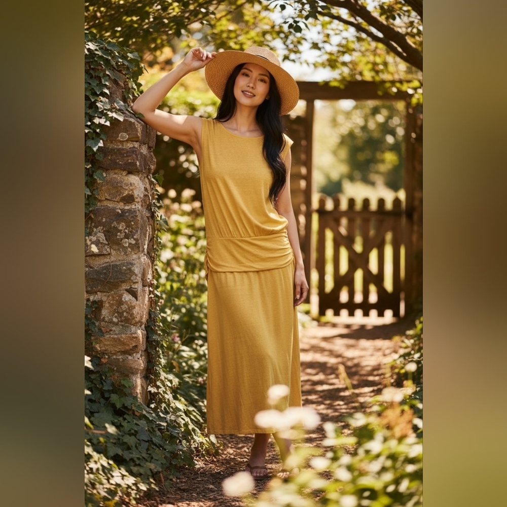 Tracy Reese 100% Linen Yellow Mid Dress Boho Draped Sleeveless Summer Cottage